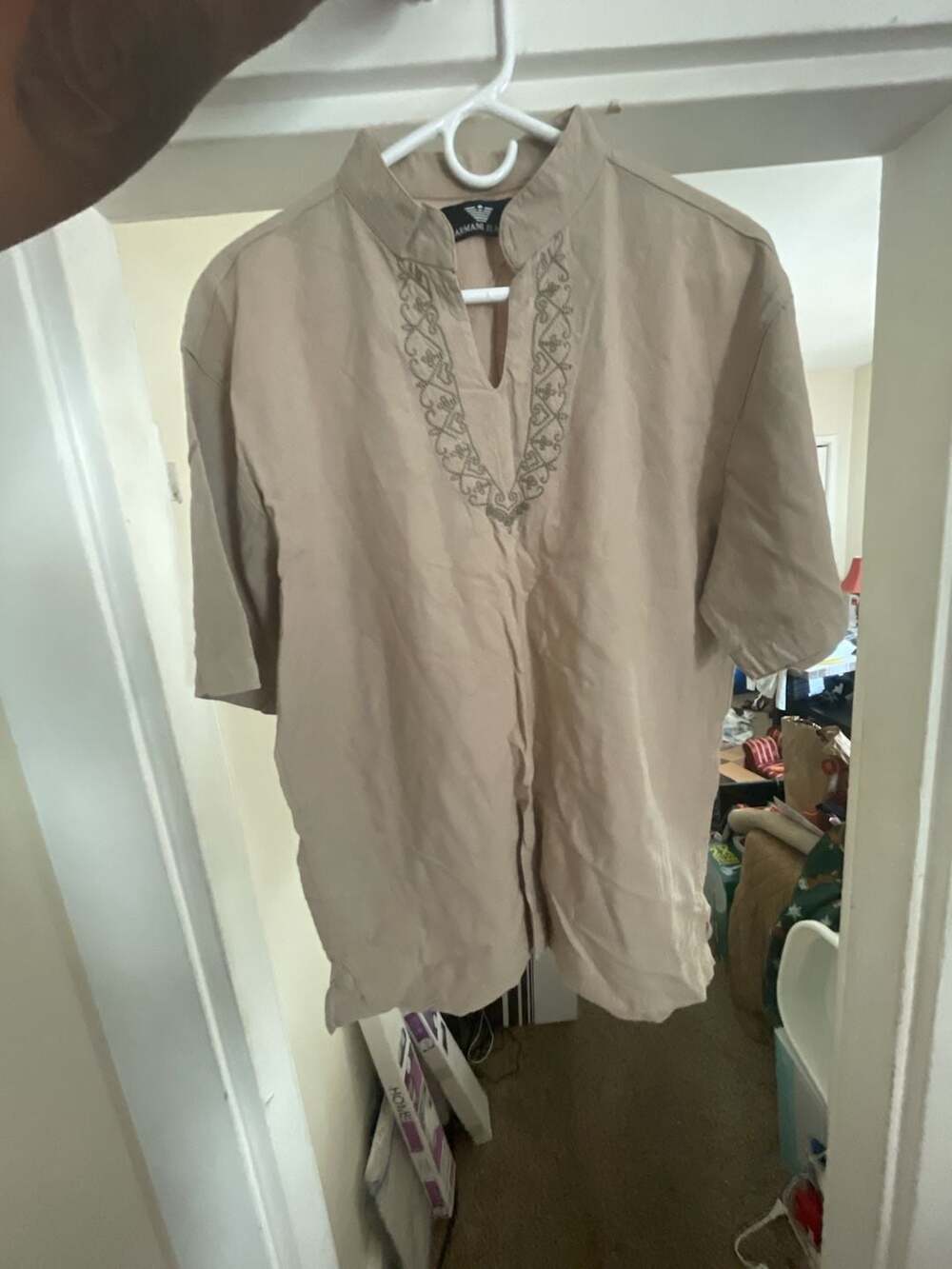 Armani Jeans Men's Beige Embroidered V-Neck Linen Tunic Shirt